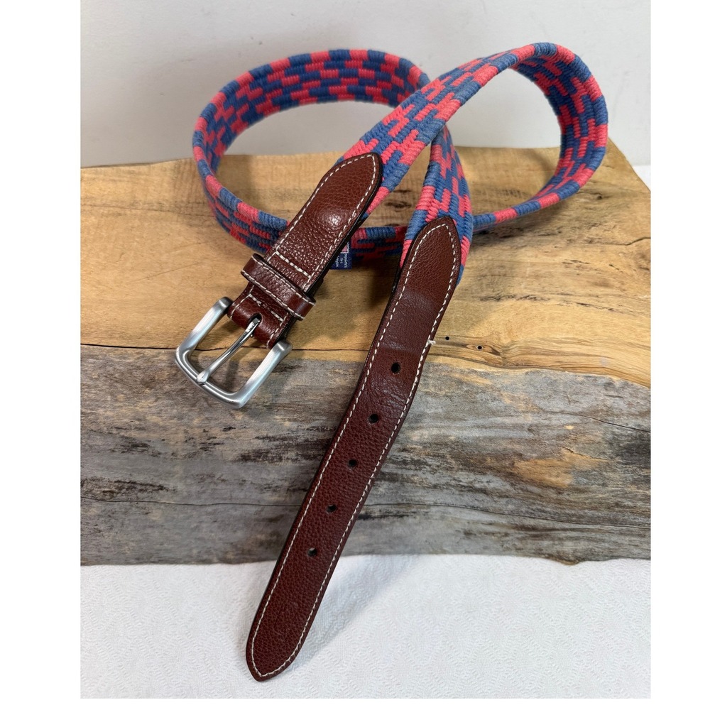 Vineyard Vines Mens 42 Woven Belt Pink Blue Checkered Leather Trim VV-1A19537